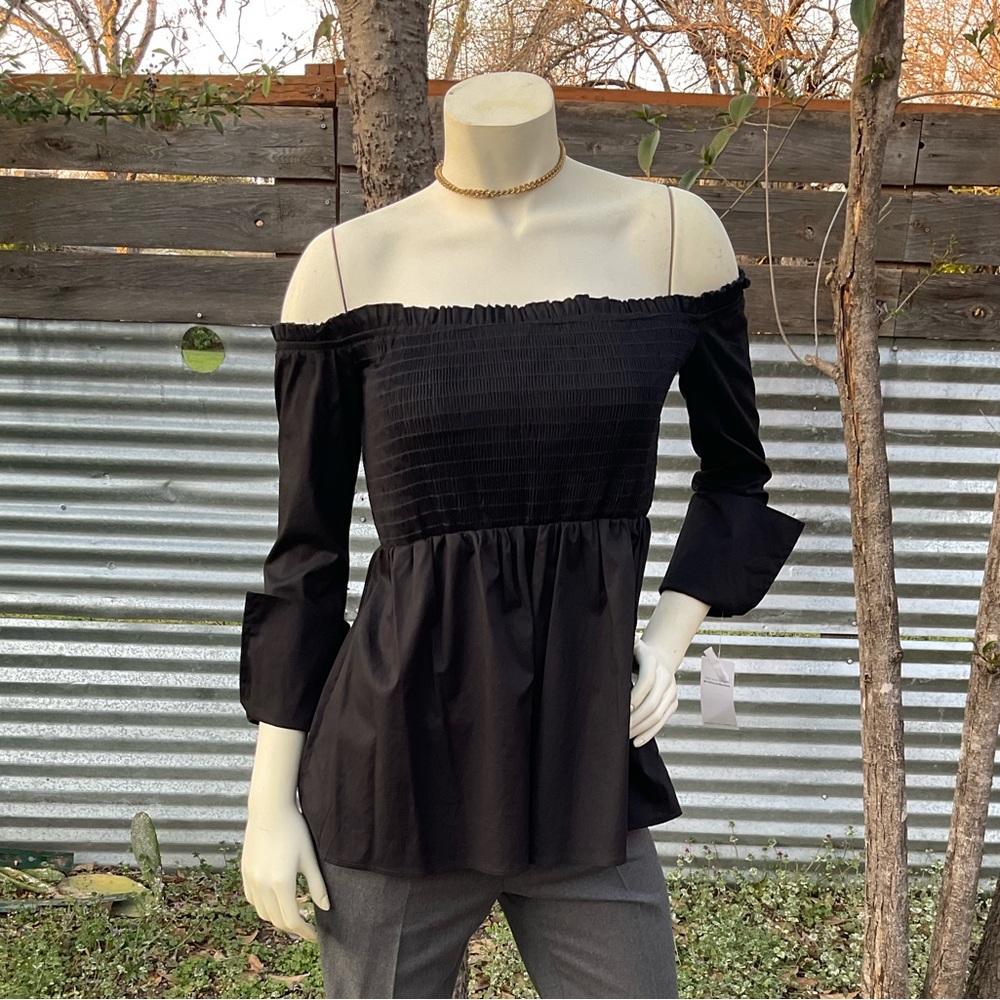 NWT Black Smocked Off Shoulder Long Sleeve Babydoll Top
